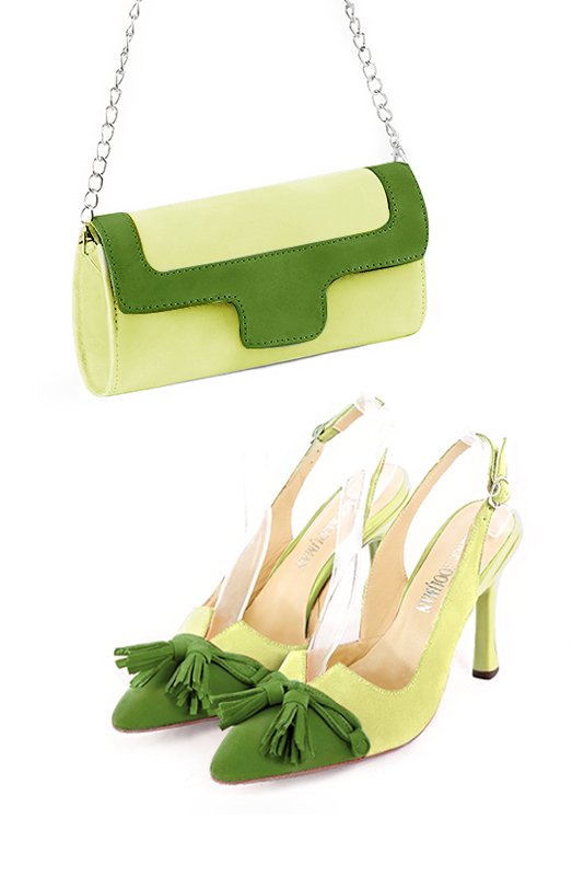 Grass green women's open back shoes, with a knot. Tapered toe. Very high slim heel. Worn view - Florence KOOIJMAN